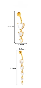 Detailed size display of golden stainless steel belly rings with heart zircon tassels