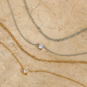 Double layered gold and silver stainless steel zircon necklaces with cubic zirconia pendants