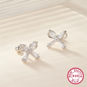 925 Sterling silver bow stud earrings with zircon stones and screw ball back closure