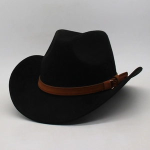 Classic black western cowboy felt hat with a brown faux leather band and gold buckle