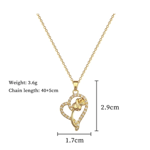 Detailed dimensions of the gold heart rose pendant necklace with crystal accents