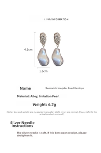 Irregular pearl earrings with silver needles showing dimensions of 4.1cm and 6.7g weight