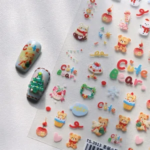 Cartoon Christmas bear nail art stickers with 3D embossed texture and festive patterns