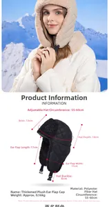 Detailed size chart for winter plush trapper hat showing adjustable cap circumference