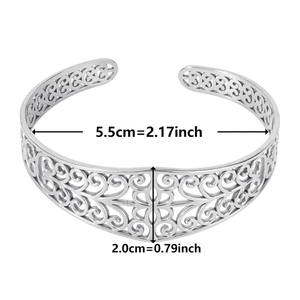 Detailed view of silver hollow patterned open cuff bracelet with dimensions 2.0cm and 5.5cm