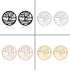 Detail showing the Tree of Life stud earrings in black, silver, gold, and rose gold finishes