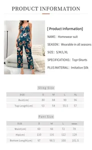 Size chart showing bust and length for dark green floral pajama set in satin fabric
