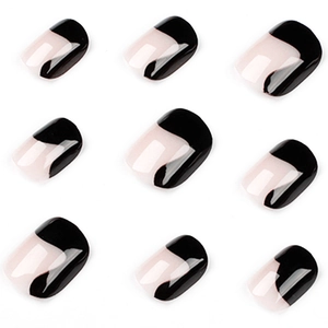 Minimalist black and nude geometric press-on nails with glossy abstract curved design