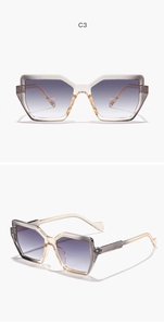 Macro detail of geometric polygon sunglasses showing grey-purple gradient frame and lens