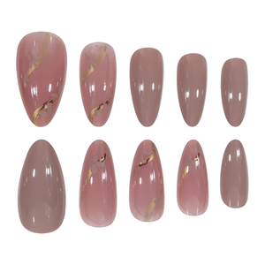 Set of 10 long almond press-on nails in dusty pink and grey with gold floral patterns