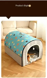 Detail view of a cozy pet house with geometric pattern and soft gray interior cushion