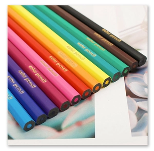 Macro shot of 12-piece hexagonal colored pencils with gold lettering on wood