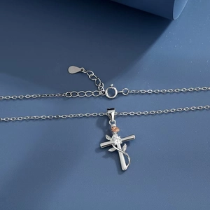S925 sterling silver cross necklace with rose gold flower and sparkling zircons