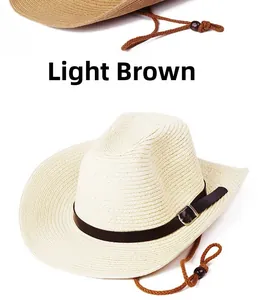 Close-up of light khaki straw sun hat featuring black leather band and adjustable chin strap