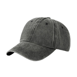 Adjustable dark grey washed cotton baseball cap with curved brim and 6-panel structure