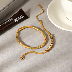 Bamboo textured gold bangle and colorful gemstone snake chain necklace set for women