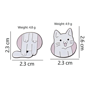 Detailed view of cat enamel pins with precise dimensions and weights for each piece