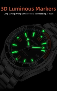 Detail of 3D green luminous dial and broad arrow hands on black diving watch