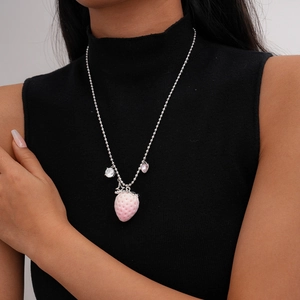 Pink velvet strawberry pendant necklace with silver bead chain and small heart charms