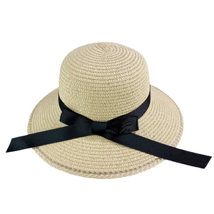 Women's straw sun hat with black bow ribbon and delicate lace trim in beige color