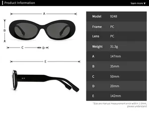 Detailed size chart for retro sunglasses model 9248 with 147mm frame width and PC lens specs