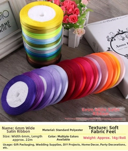 Detailed stack of 6mm colorful polyester satin ribbons for DIY gift wrapping and hair decor