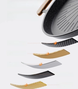 Detail of 6-layer composite non-stick grill pan with durable wood handles for BBQ