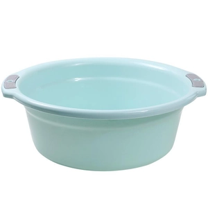 Deep round mint green plastic washbasin with grey anti-slip handles on white background