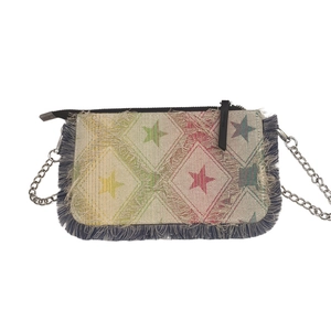 Ethnic denim crossbody bag with colorful star pattern, fringe edges and chain strap