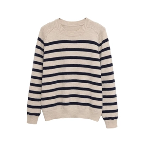 Women's crew neck striped knit sweater in beige and navy long sleeve casual style