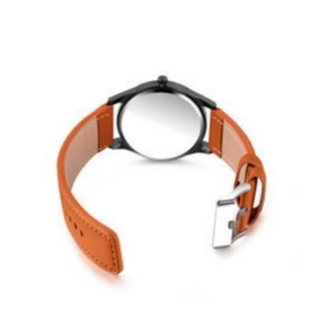 Men's business quartz watch with orange leather strap and matte black case side view