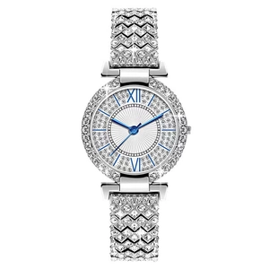 Women Luxury Fashion Quartz Watch Full Rhinestone Inlaid Metal Strap Roman Numerals Blue Hands Elegant Wristwatch