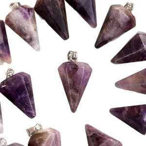 Natural purple amethyst hexagonal pointed crystal pendant with silver metal bail
