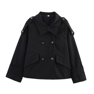 Women's black short double-breasted trench coat with stand collar and belted waist design