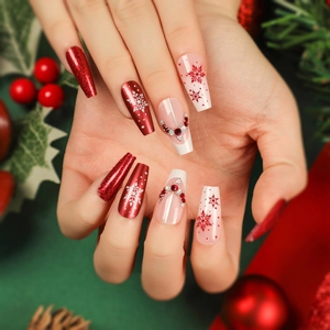 Christmas Press On Nails Long Coffin Fake Nails Red Snowflake Glitter Rhinestone Artificial Finger Nails For Women Festive