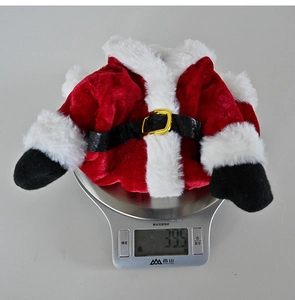 Mini Christmas Santa dress bottle cover with white faux fur trim and gold belt buckle