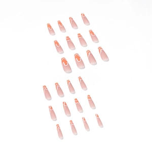 Long coffin false nails set featuring orange and white ombre with wave pattern details