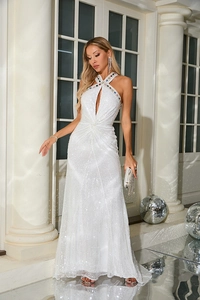 Detailed view of white sequin dress halter neckline with colorful gemstone embellishments