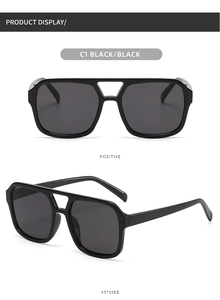 Front and 45-degree angle views of black double-bridge aviator sunglasses with square frames