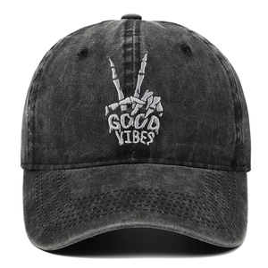Washed Cotton Baseball Cap Skeleton Hand Embroidery Good Vibes Vintage Adjustable Sun Hat For Outdoor Retro Streetwear