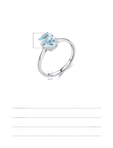Detail view of S925 sterling silver ring with 6x8mm light blue stone and size specs