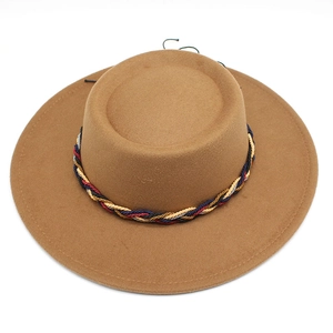 Wide brim wool jazz fedora hat in khaki with tricolor braided rope band and hang cord