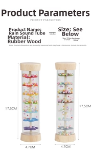 Detail of wooden rainstick toy with rainbow beads and rubber wood frame for kids
