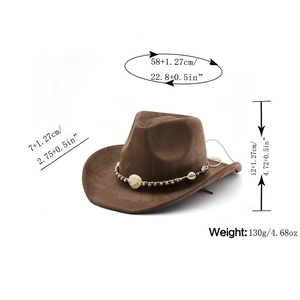 Brown faux suede cowboy hat showing dimensions: 58cm circumference and 7cm brim width