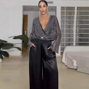 Women's V-neck sequined long sleeve top and high waist wide leg satin trousers outfit