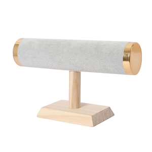T-bar jewelry display stand with solid wood base and grey velvet bracelet holder