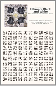 Macro view showing 100 pieces of black and white vintage PET stickers for DIY scrapbooking