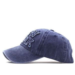 Vintage washed navy blue baseball cap with 3D New York embroidery and distressed brim