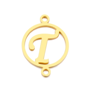 Polished gold stainless steel hollow circle pendant with letter T and double loops