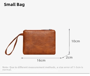 Brown leather pouch detail showing 16x10x2cm dimensions and textured finish